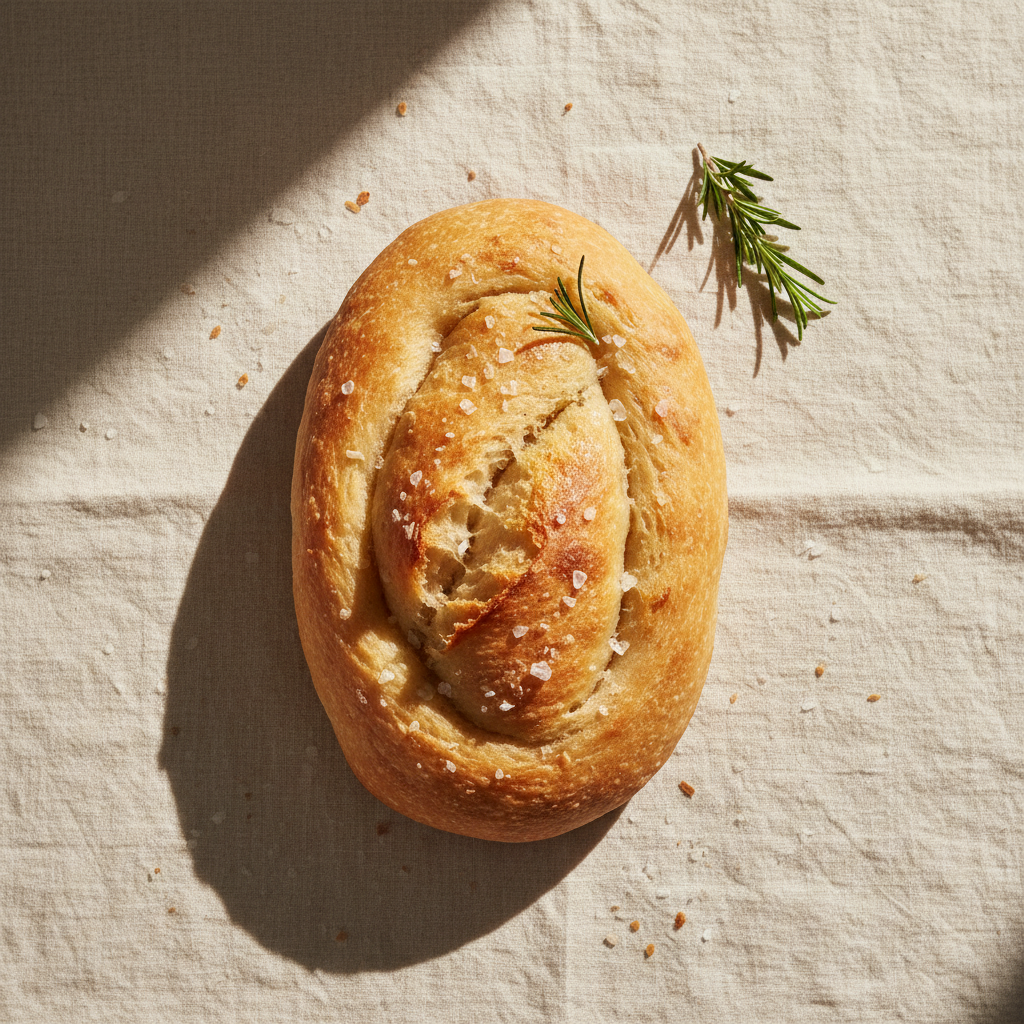 A fresh-baked focaccia, scored and topped with rosemary and sea salt.